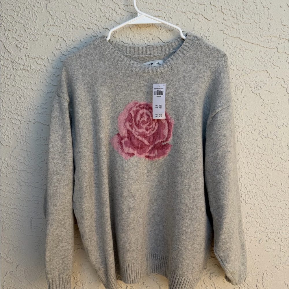Hollister Light Gray Sweater with Pink Floral Design